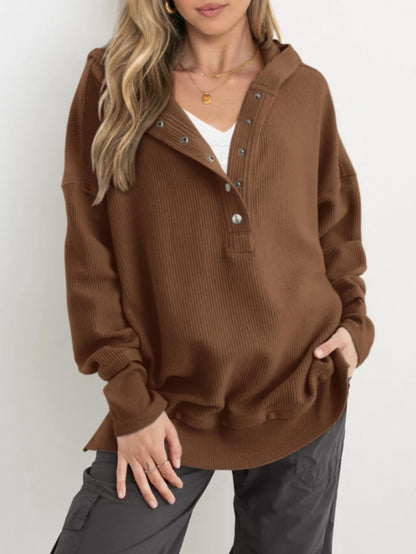 Women's Fashion Long Sleeve Button Up V Neck Hoodie