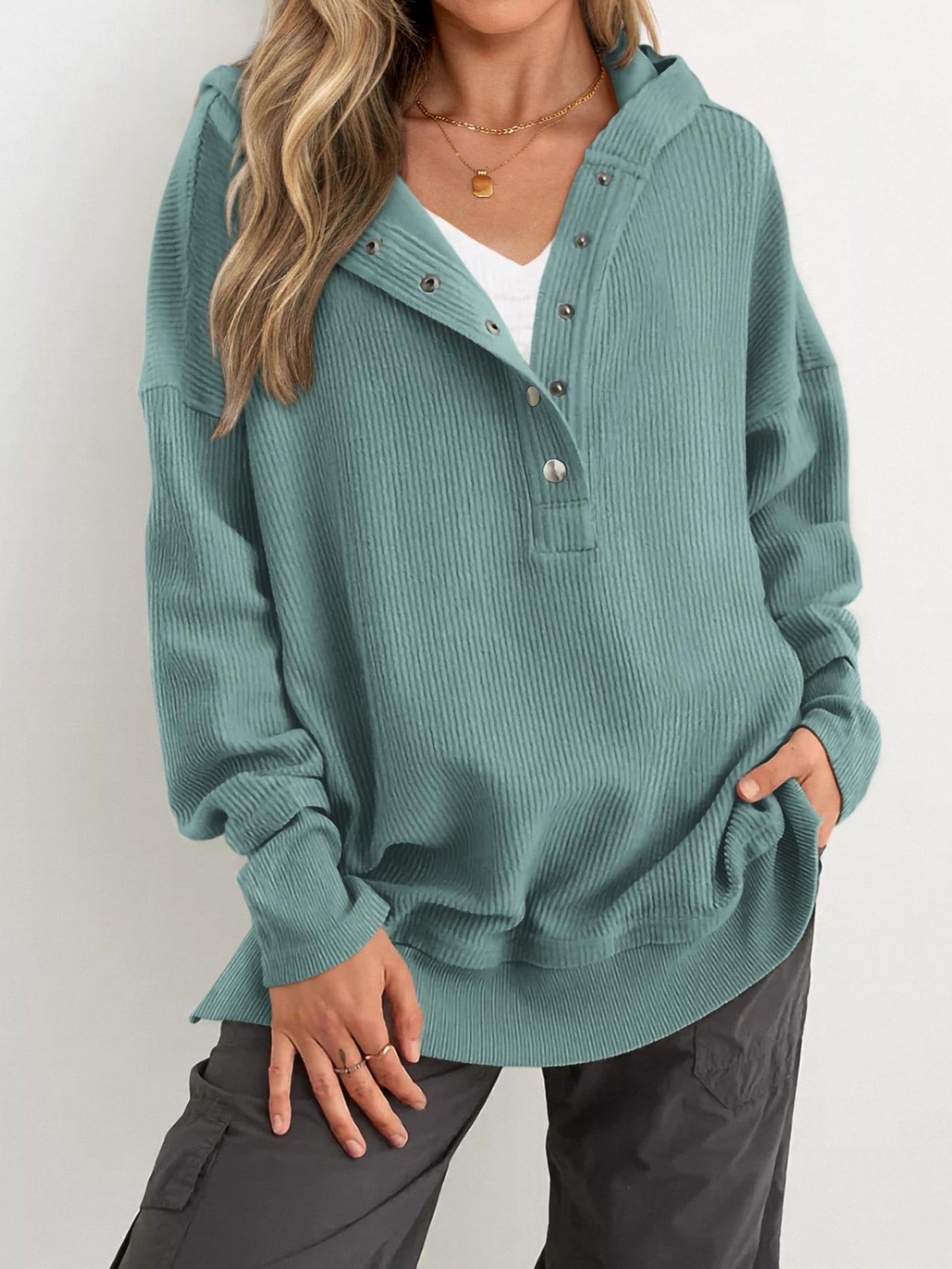 Women's Fashion Long Sleeve Button Up V Neck Hoodie
