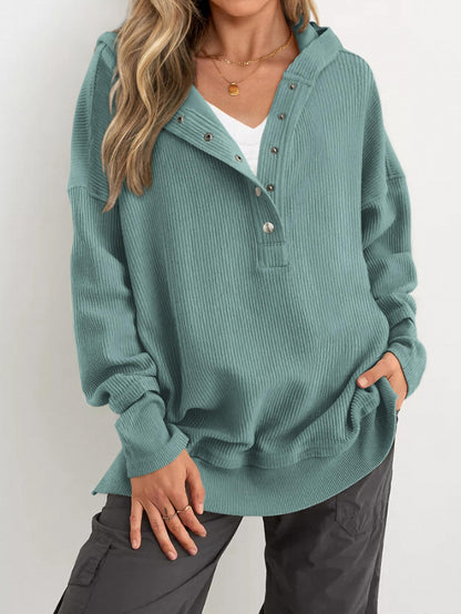 Women's Fashion Long Sleeve Button Up V Neck Hoodie