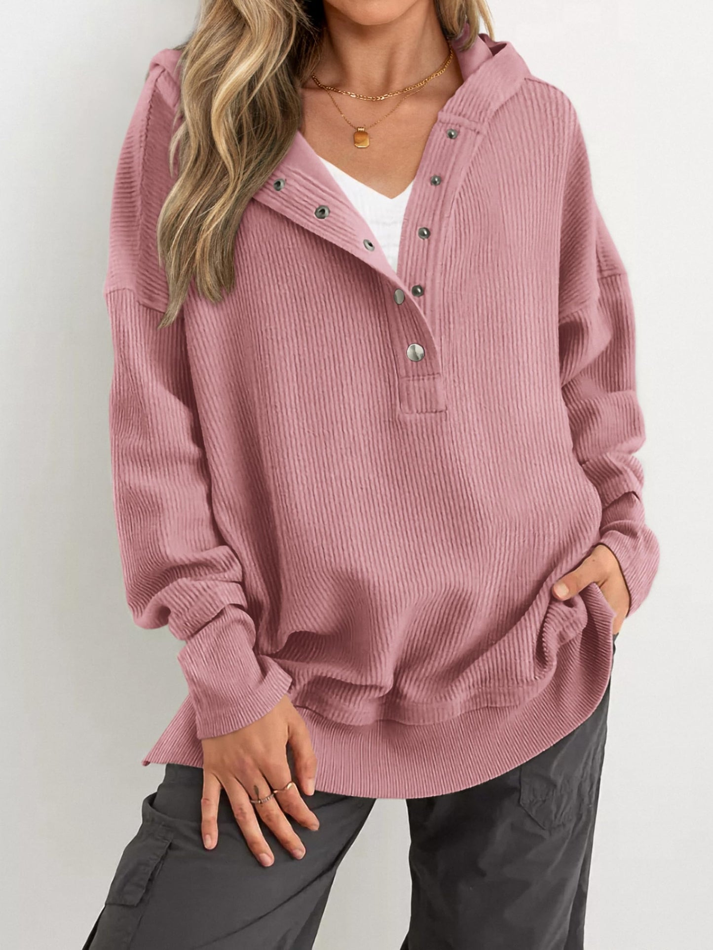 Women's Fashion Long Sleeve Button Up V Neck Hoodie