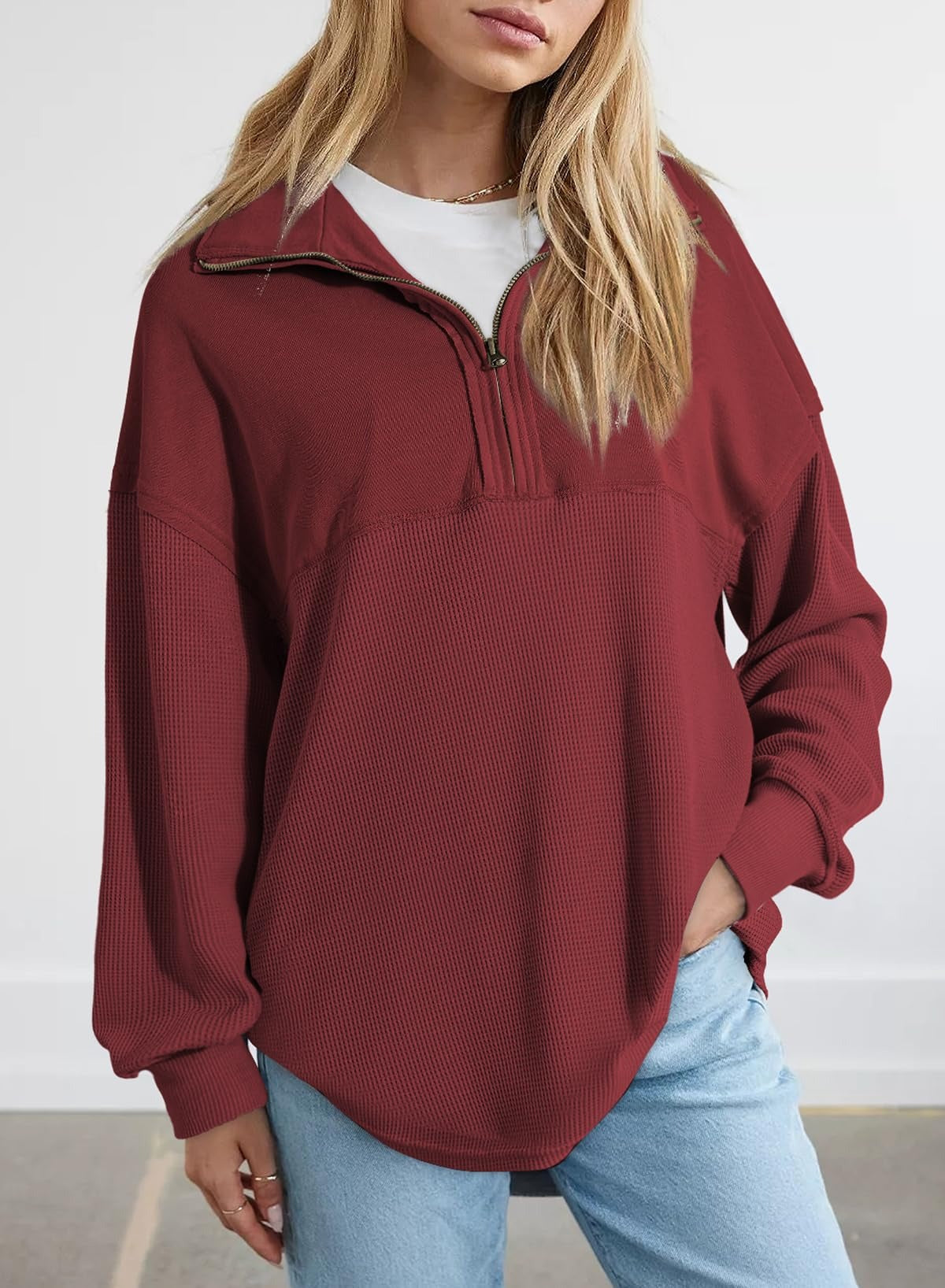 Oversized Waffle Half Zip Top