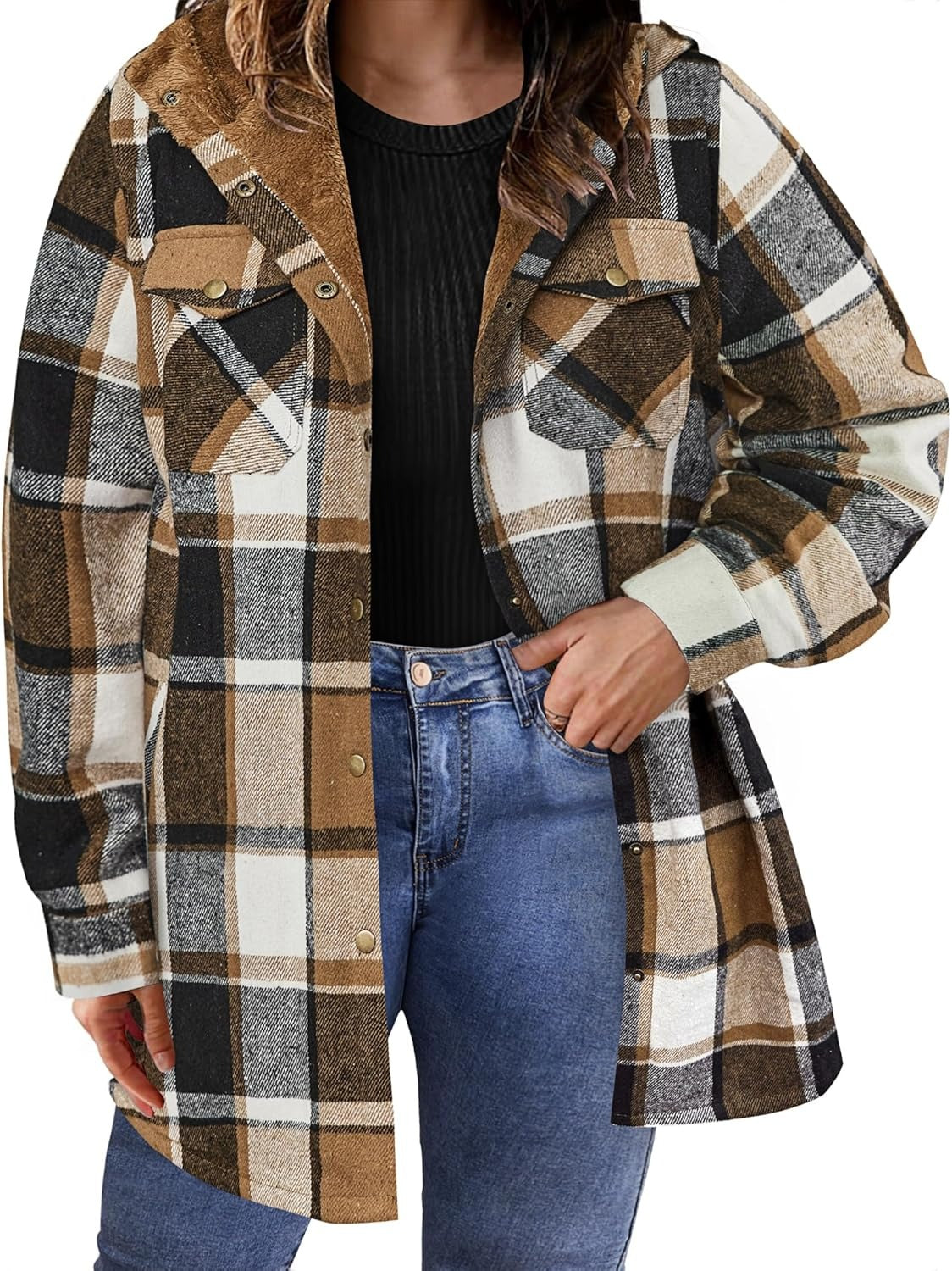 Women's Sherpa Hood Plaid Overshirt
