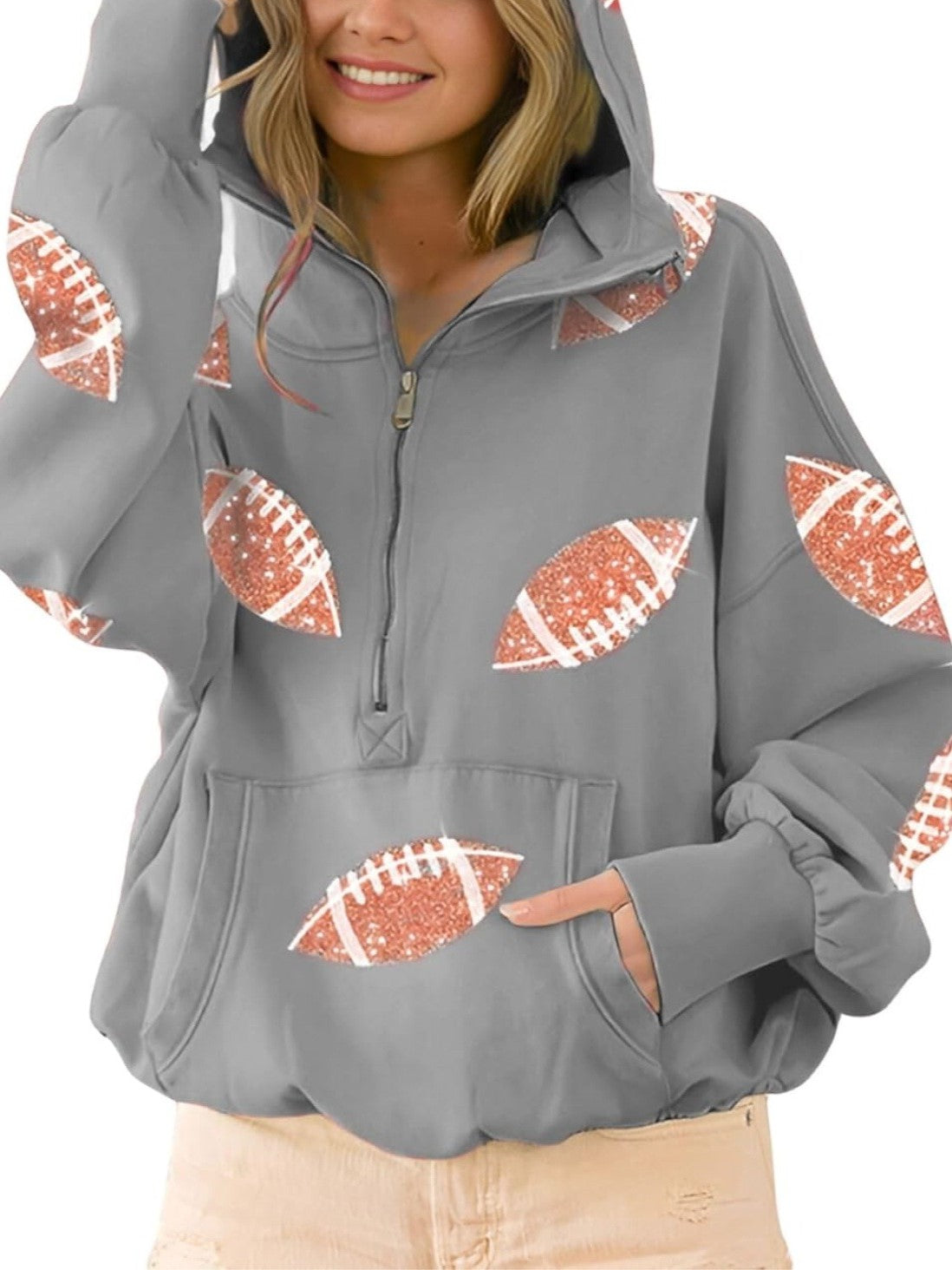 Sparkly Football Pocket Half Zip Pullover