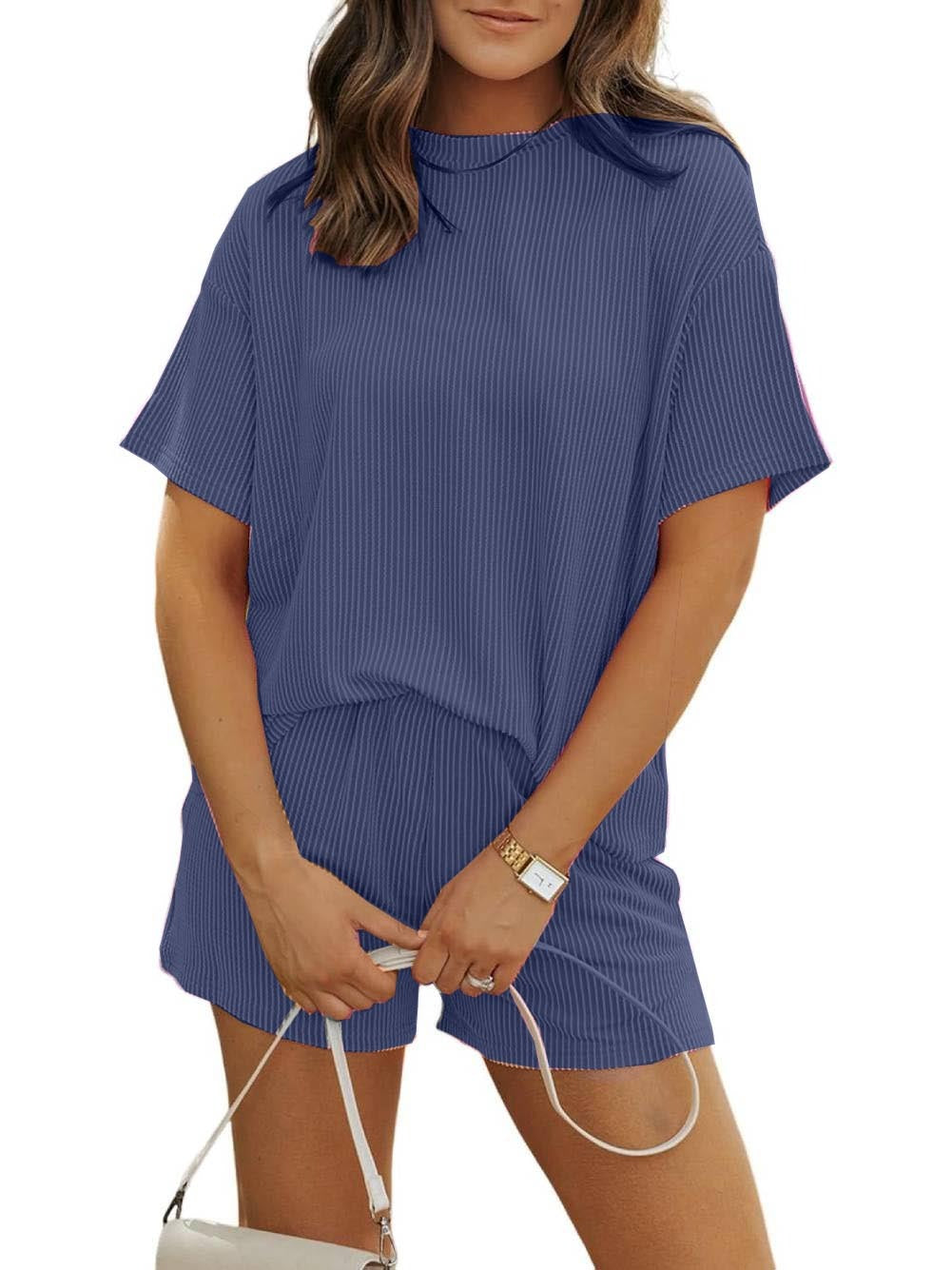 Women's Ribbed Two Piece Shorts Lounge Set