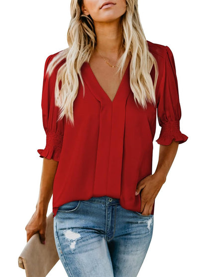 Women's Elegant V-Neck Smocked Cuff Blouse