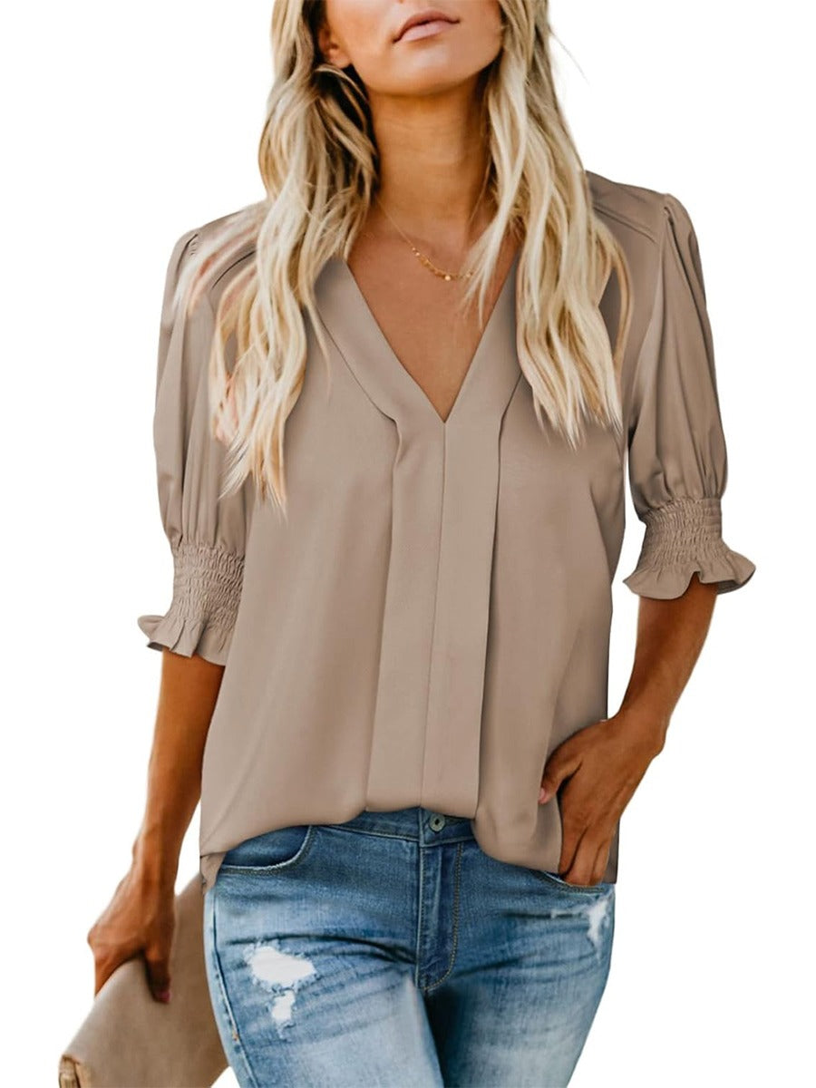 Women's Elegant V-Neck Smocked Cuff Blouse