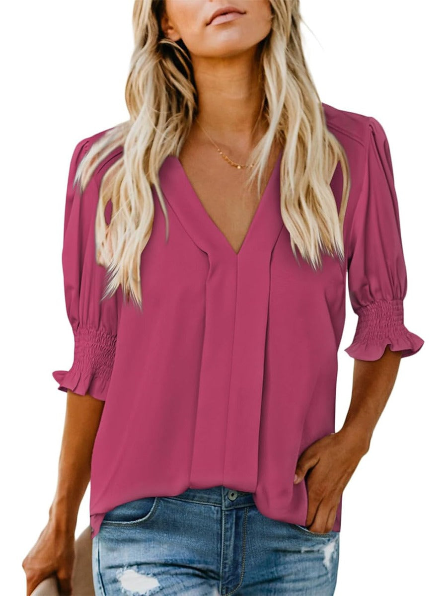 Women's Elegant V-Neck Smocked Cuff Blouse