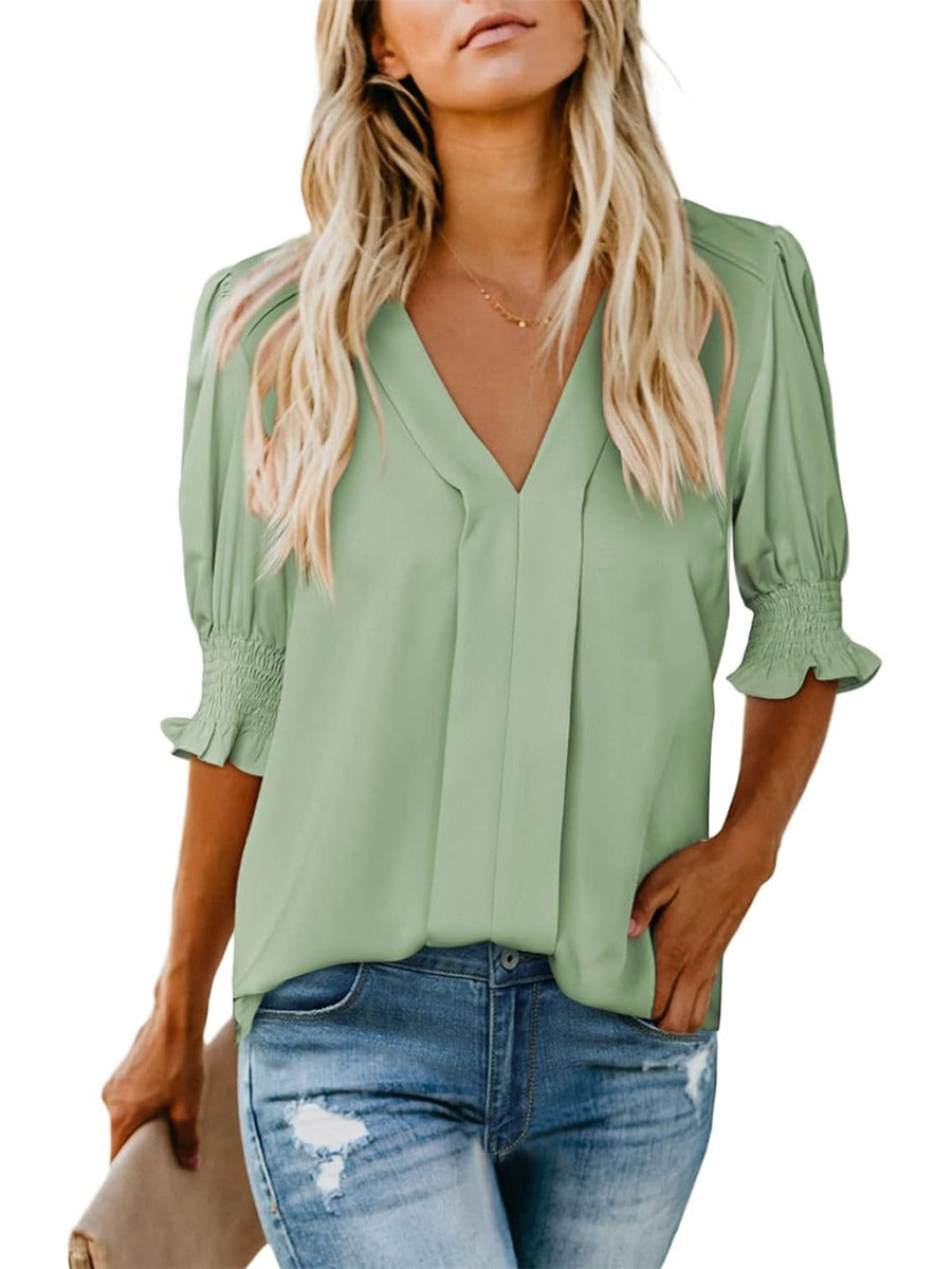 Women's Elegant V-Neck Smocked Cuff Blouse
