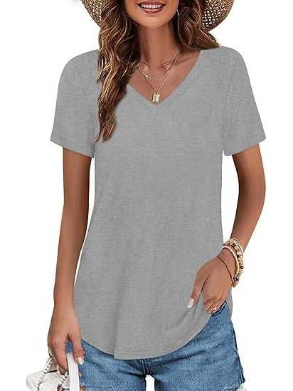 Women's V-neck Short Sleeve Curved Hem Tee Top (Buy 3 Free Shipping)