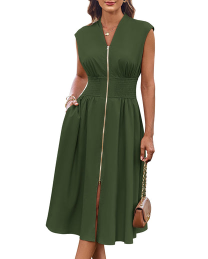 Women's Summer V Neck Cap Sleeve Zipper Front Flowy Dress
