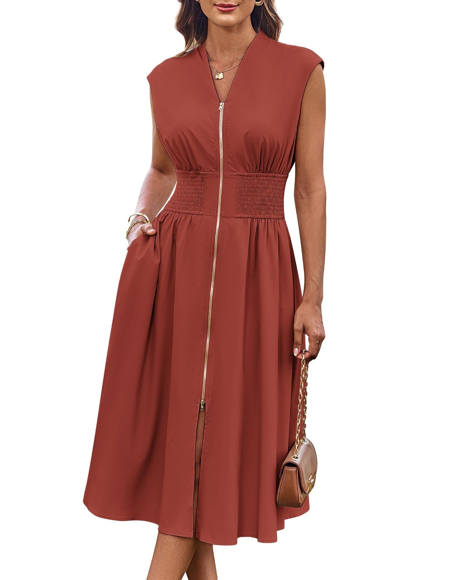 Women's Summer V Neck Cap Sleeve Zipper Front Flowy Dress