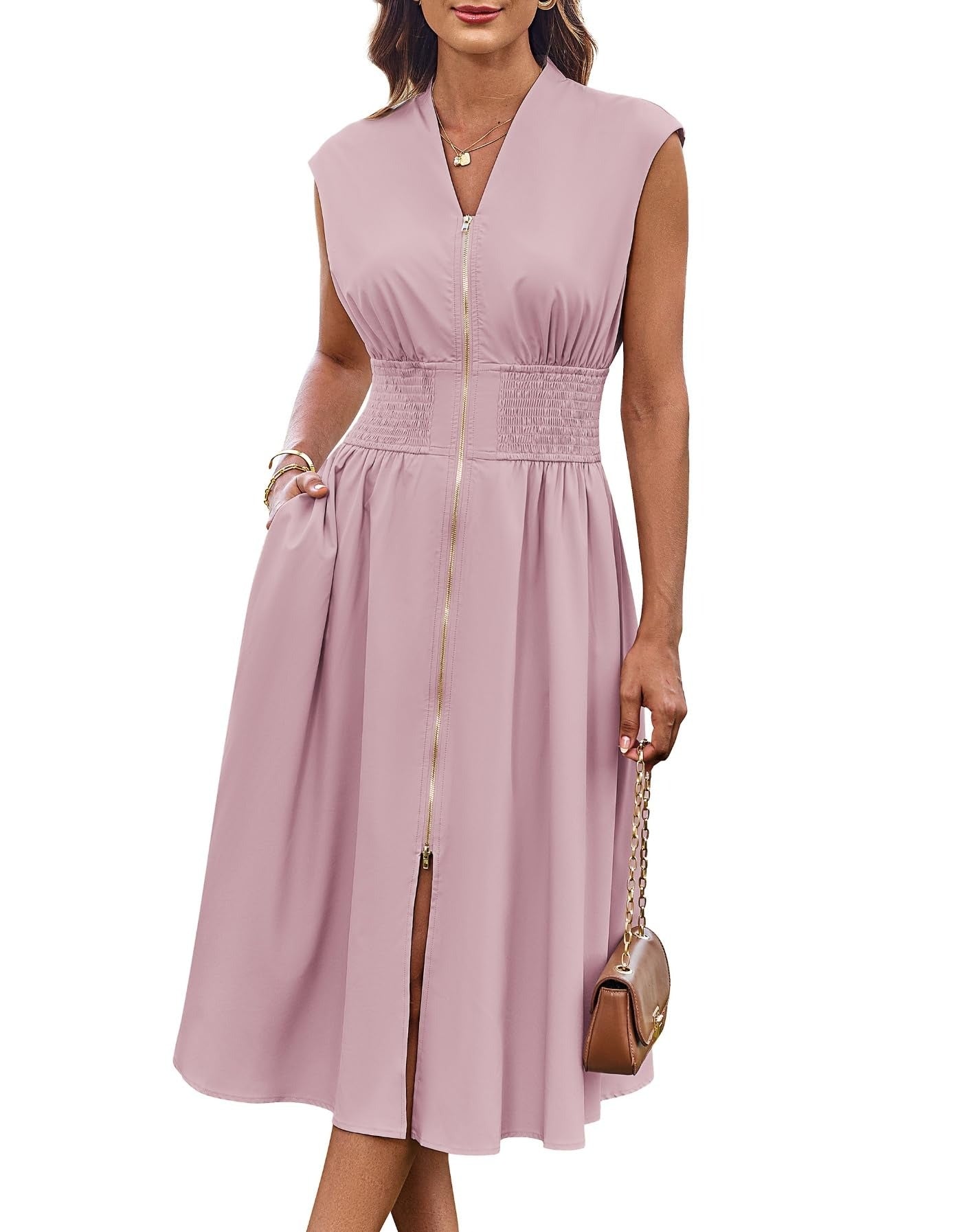 Women's Summer V Neck Cap Sleeve Zipper Front Flowy Dress