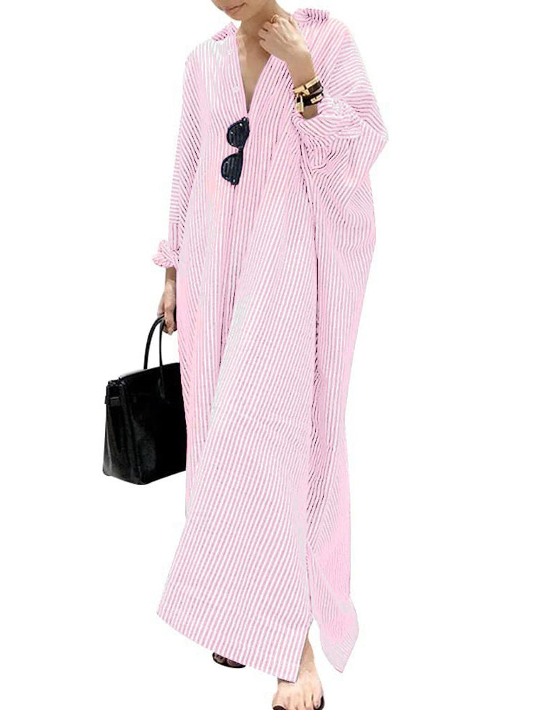 Women's Long Sleeve Button Down Loose Striped Maxi Shirt Dress