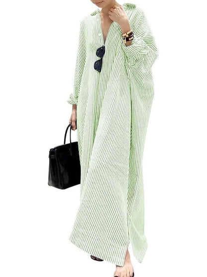 Women's Long Sleeve Button Down Loose Striped Maxi Shirt Dress