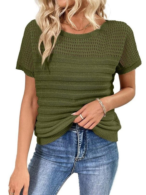 Women's Crew Neck Hollow Out Knit Tops