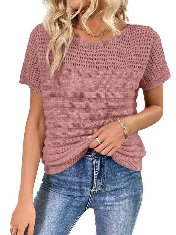 Women's Crew Neck Hollow Out Knit Tops