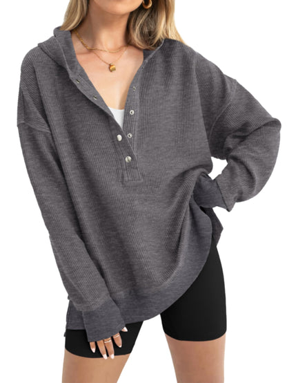Women's Fashion Long Sleeve Button Up V Neck Hoodie