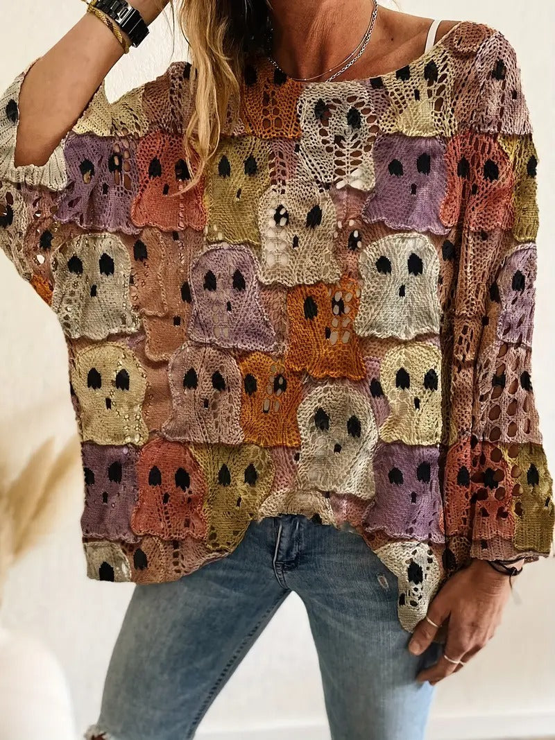 Halloween Pumpkin Bat Hollow‑out Knit Top