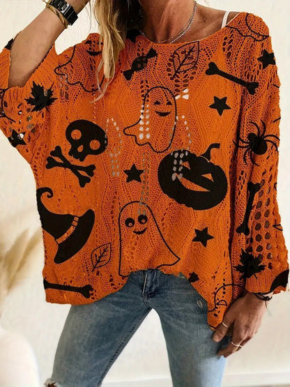 Halloween Pumpkin Bat Hollow‑out Knit Top