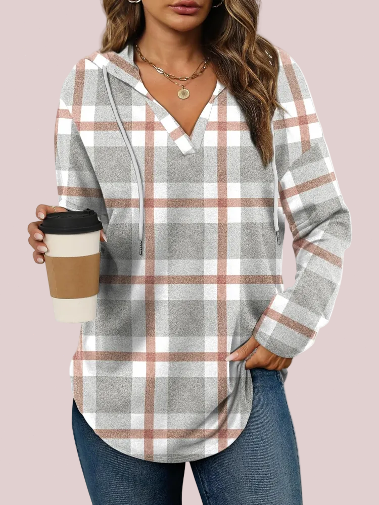 Women's Plaid V-Neck Hoodie Long Sleeve Drawstring Tunic Top