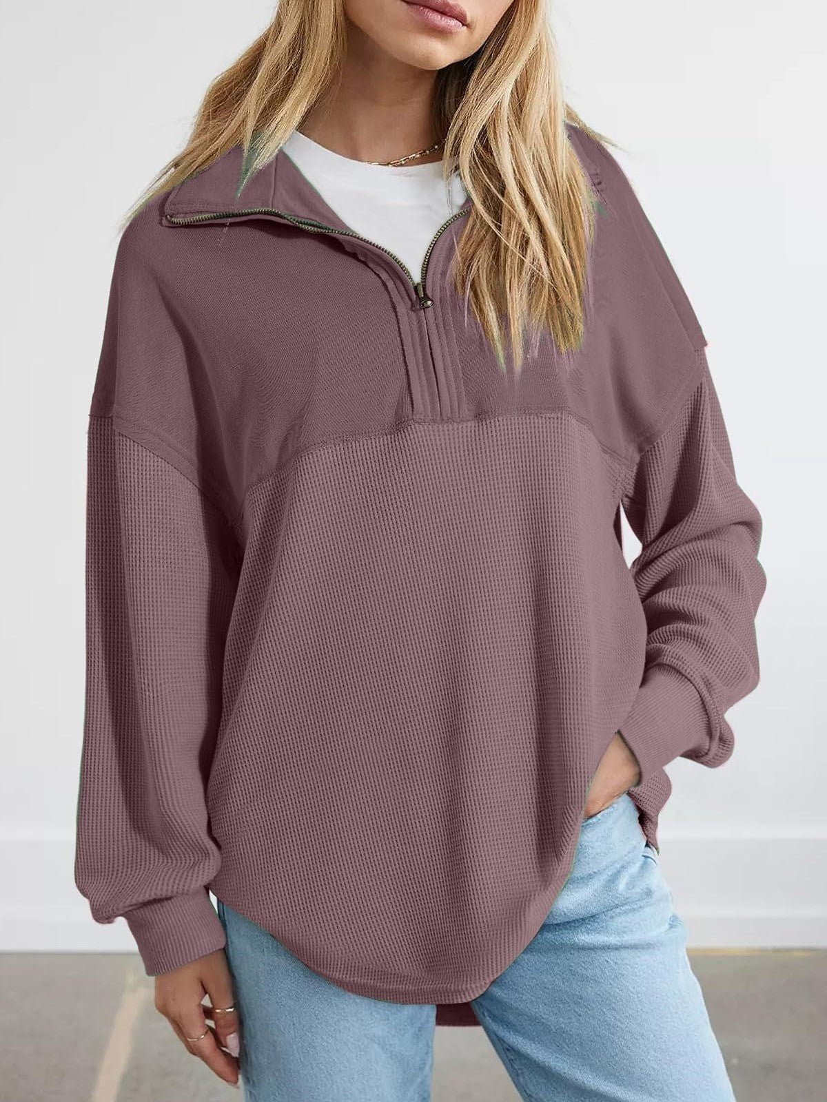 Oversized Waffle Half Zip Top