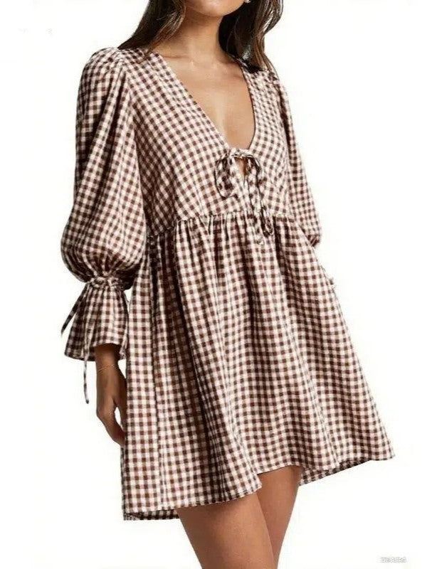Women's Gingham Puff Sleeve Tie Front Babydoll Mini Dress