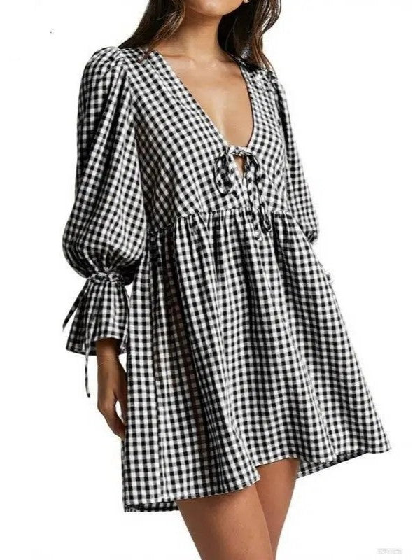 Women's Gingham Puff Sleeve Tie Front Babydoll Mini Dress