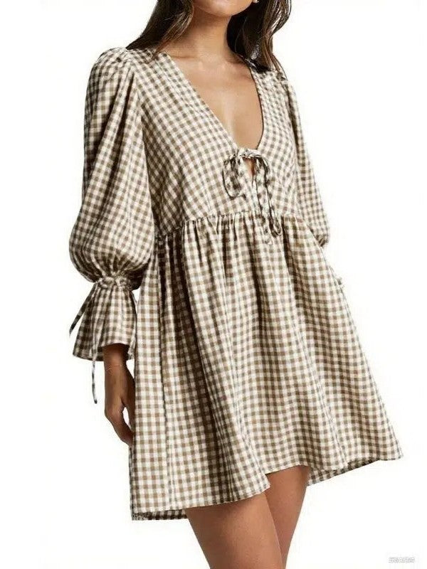 Women's Gingham Puff Sleeve Tie Front Babydoll Mini Dress