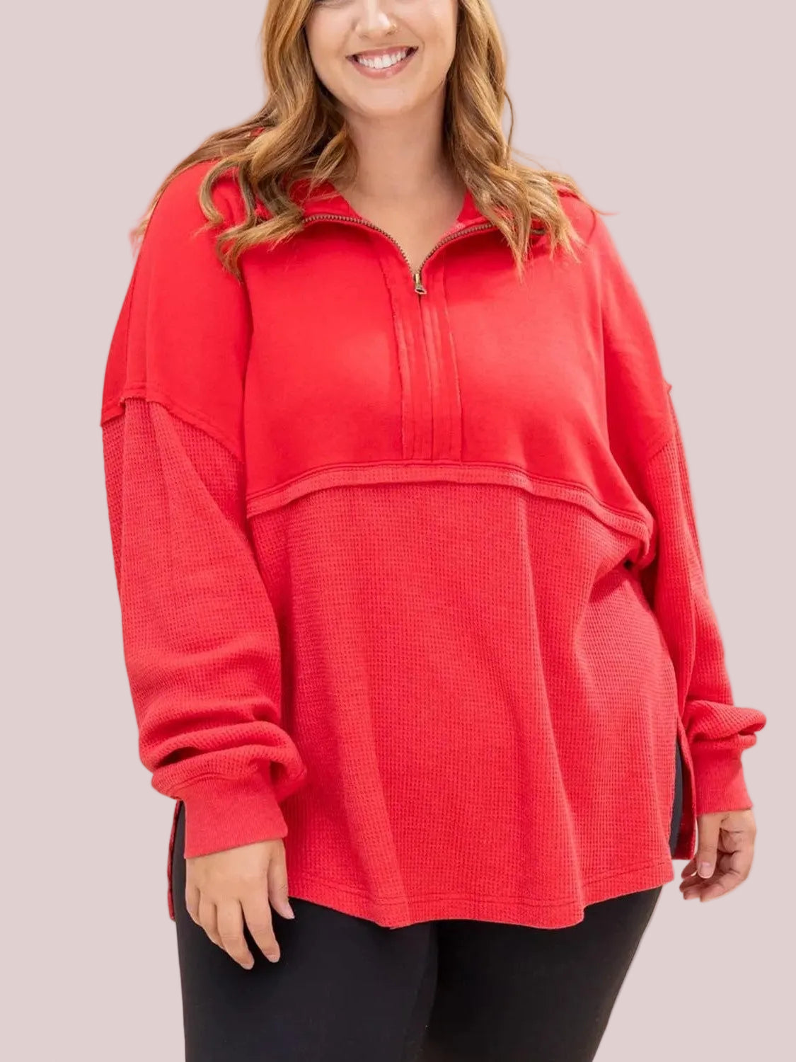 Women's Waffle Knit Spliced Half Zip Pullover