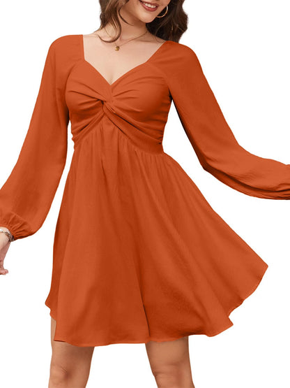 Women's Fall Sweetheart Neck Twist Front Long Sleeve Dress