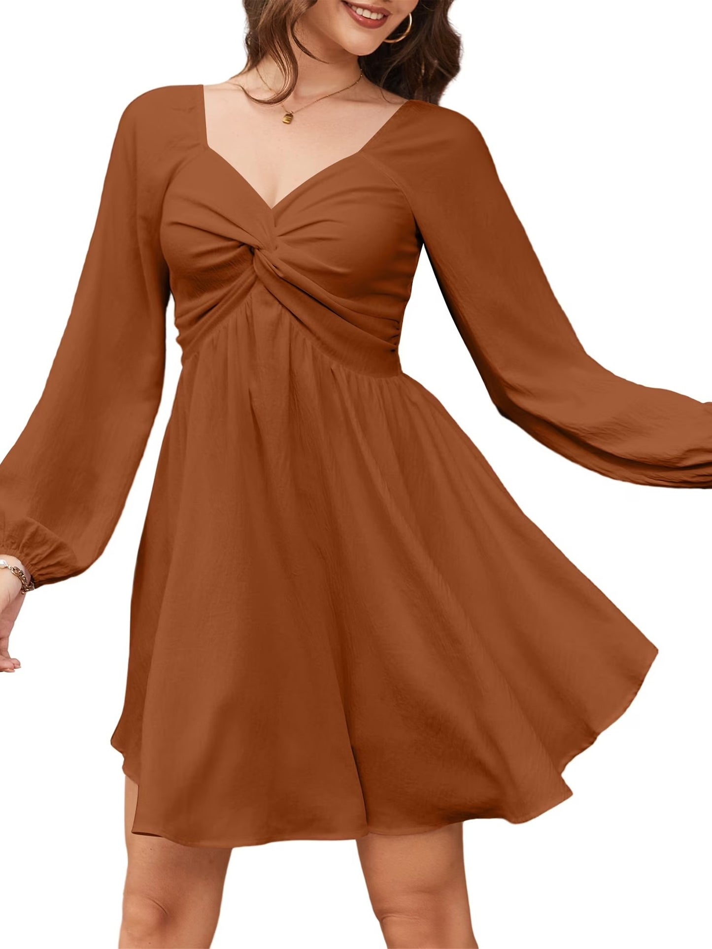Women's Fall Sweetheart Neck Twist Front Long Sleeve Dress