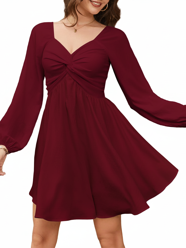 Women's Fall Sweetheart Neck Twist Front Long Sleeve Dress