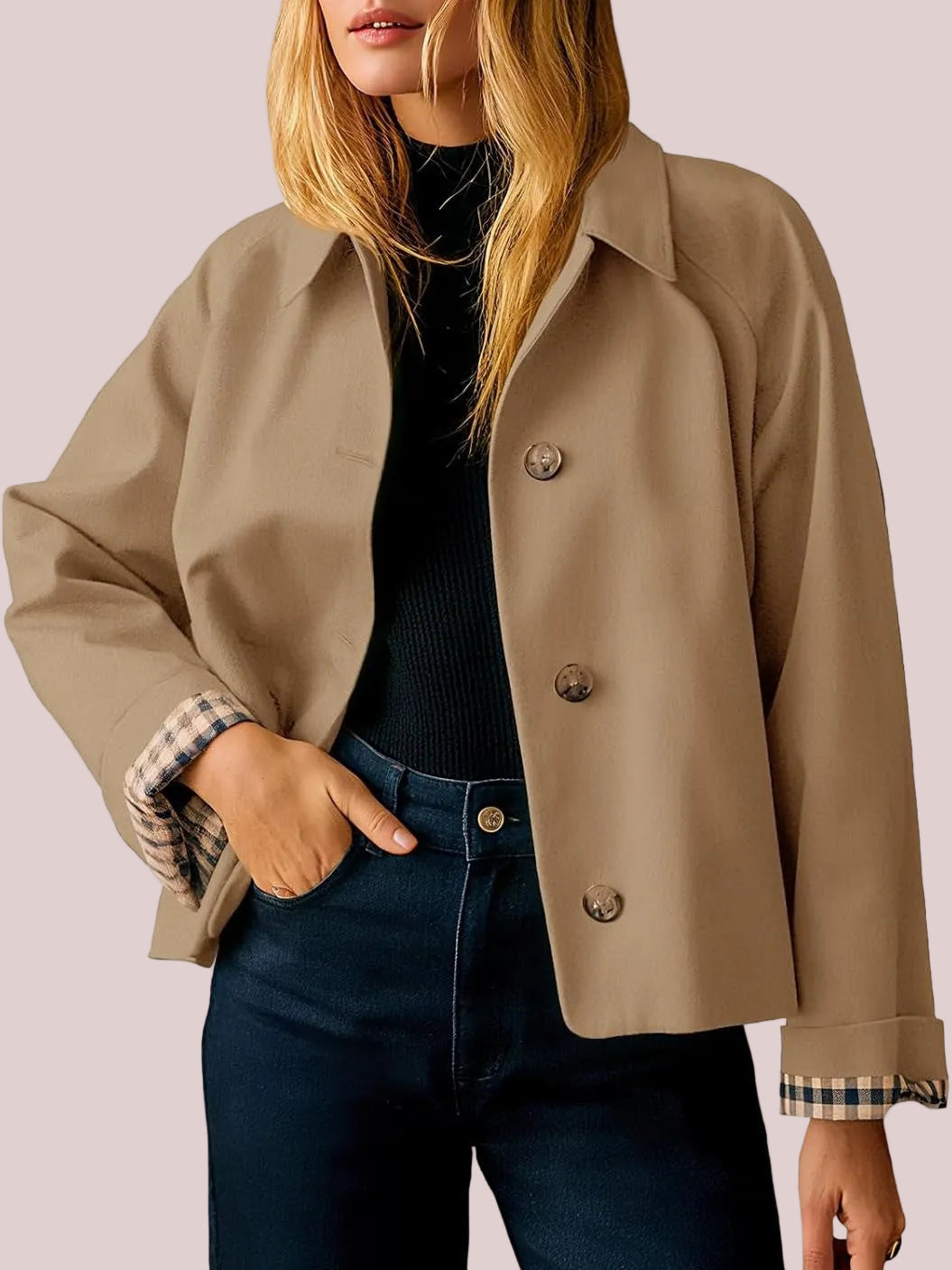Women's Cropped Trench Jacket With Plaid Cuff Lining