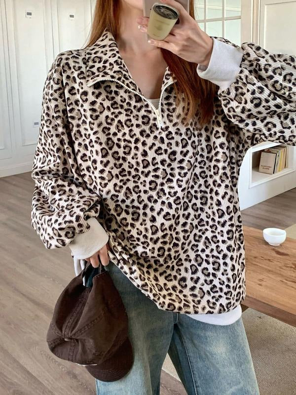 Women's Leopard Print Half Zip Corduroy Sweatshirt