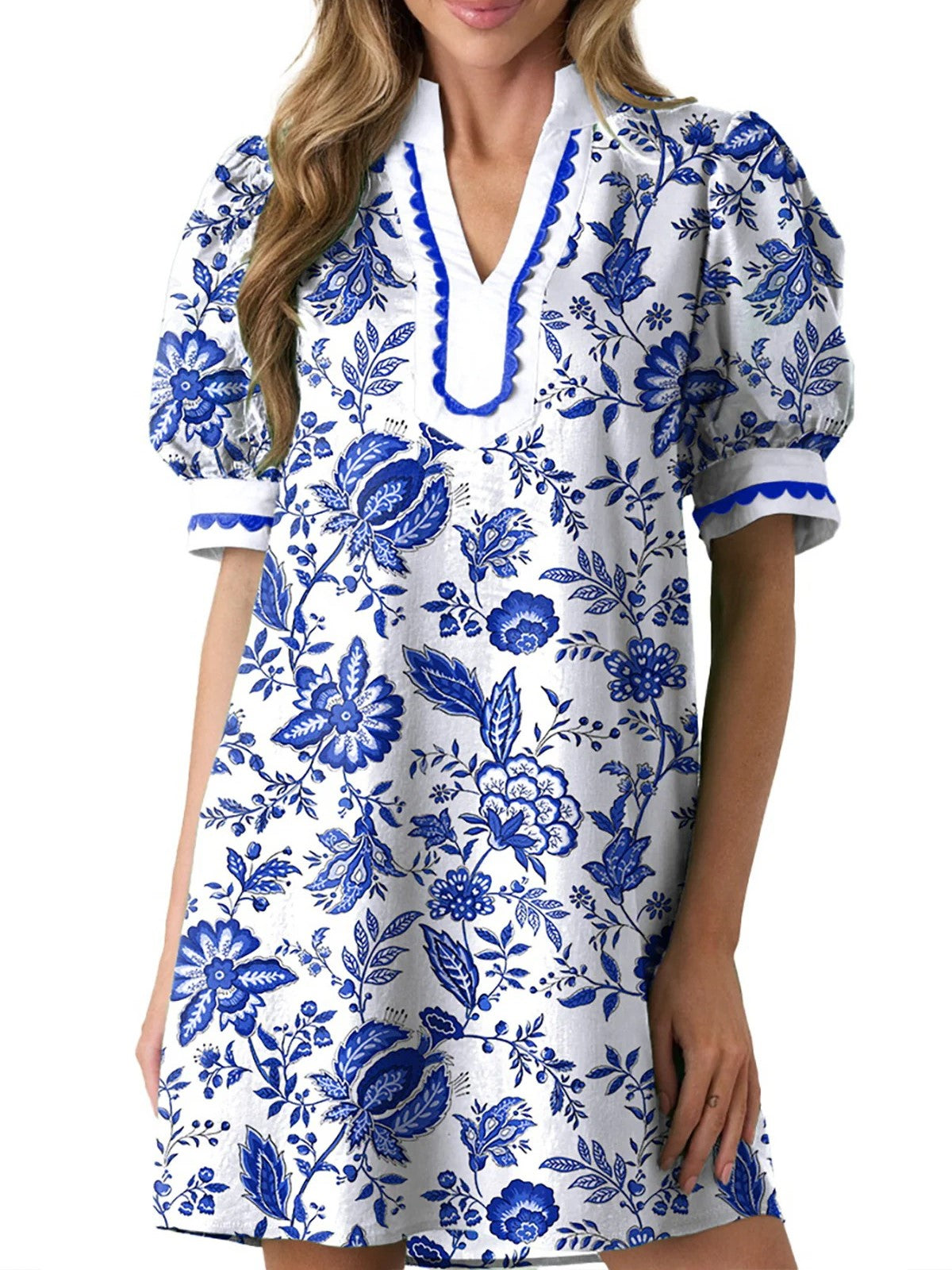 Women's Scalloped Trim Puff Sleeve Mini Dress