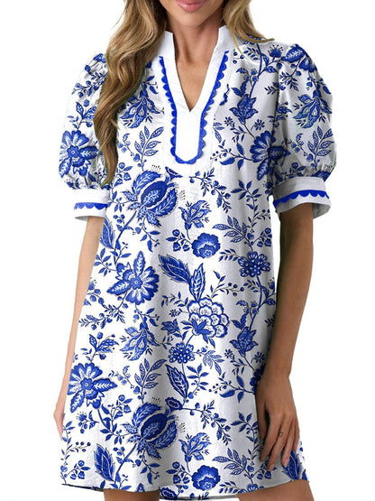 Women's Scalloped Trim Puff Sleeve Mini Dress