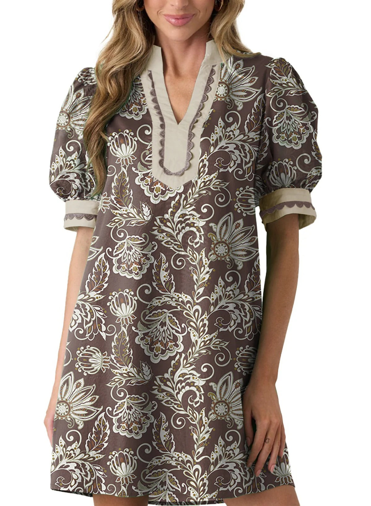 Women's Scalloped Trim Puff Sleeve Mini Dress