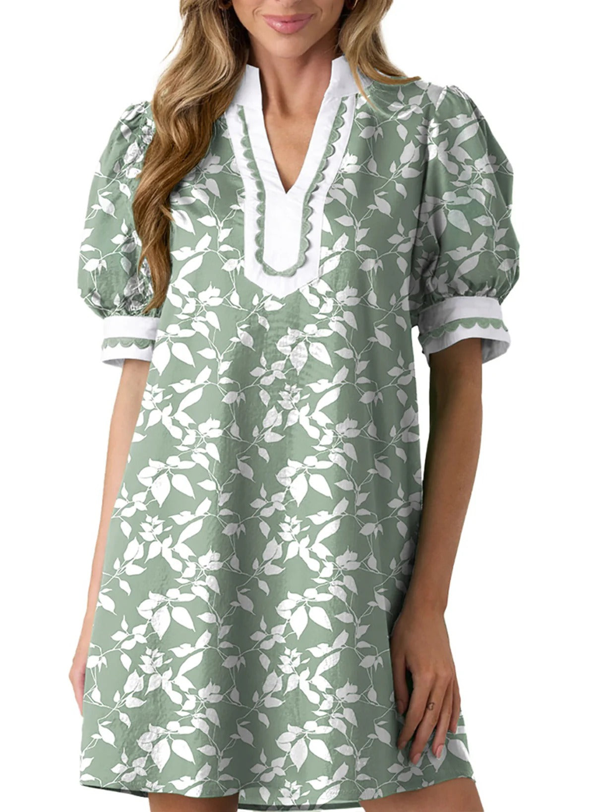 Women's Scalloped Trim Puff Sleeve Mini Dress