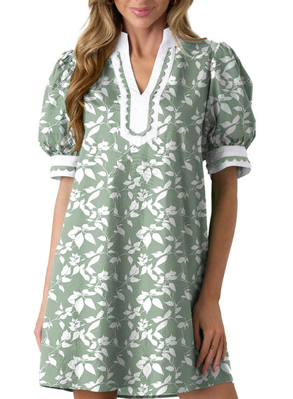 Women's Scalloped Trim Puff Sleeve Mini Dress