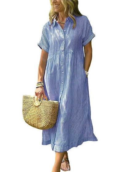 Women's Collar Short Sleeve Loose Pocket Sundress