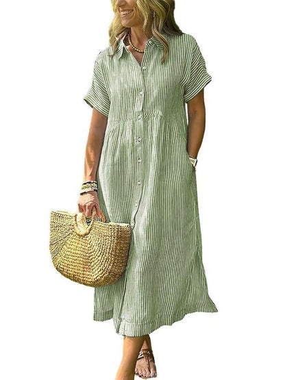 Women's Collar Short Sleeve Loose Pocket Sundress