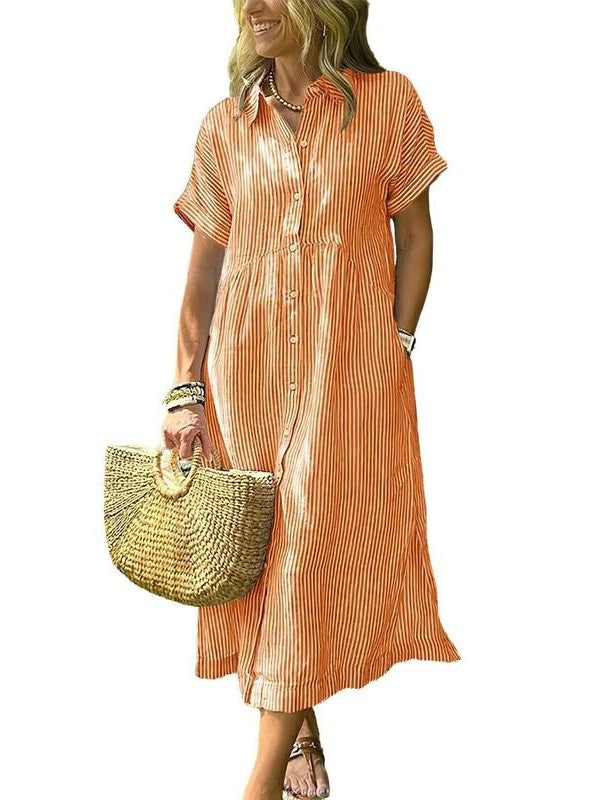 Women's Collar Short Sleeve Loose Pocket Sundress