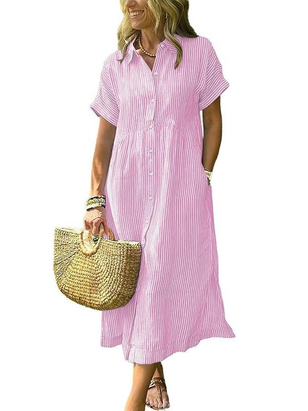 Women's Collar Short Sleeve Loose Pocket Sundress