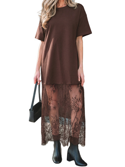 Women's Oversized T-Shirt Maxi Dress with Sheer Lace Hem