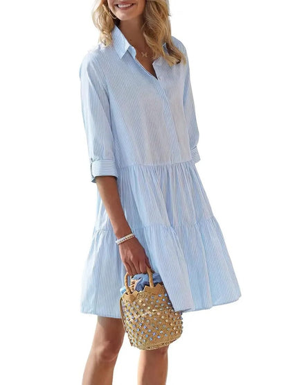 Women's 3/4 Sleeve Tiered Hem Striped Shirt Dress