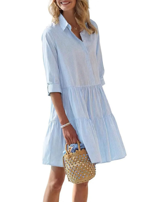 Women's 3/4 Sleeve Tiered Hem Striped Shirt Dress