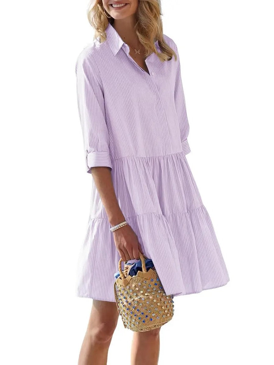 Women's 3/4 Sleeve Tiered Hem Striped Shirt Dress