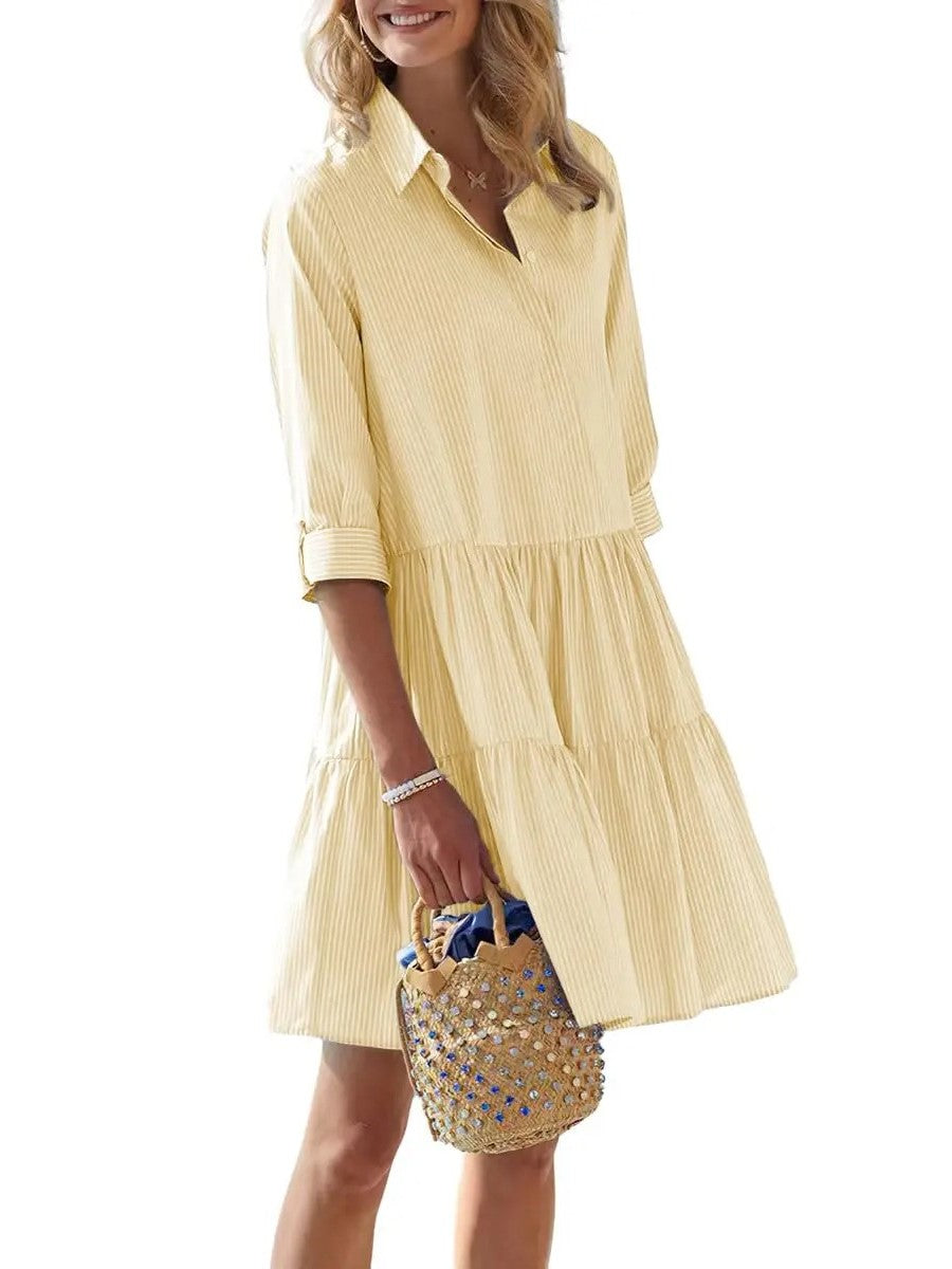 Women's 3/4 Sleeve Tiered Hem Striped Shirt Dress