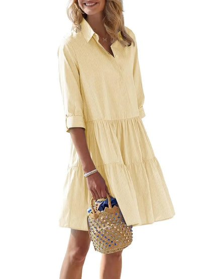 Women's 3/4 Sleeve Tiered Hem Striped Shirt Dress