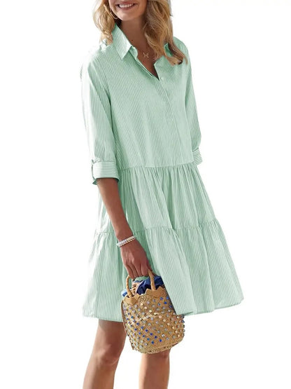 Women's 3/4 Sleeve Tiered Hem Striped Shirt Dress